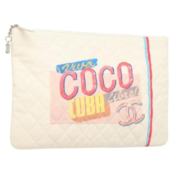 CHANEL Matelasse Clutch Bag Canvas White Silver - Picture 1 of 15